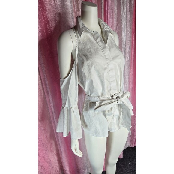 Boston Proper White Crisp Cold Shoulder Flare Sleeve Cotton Blouse Size 12 - Picture 5 of 12